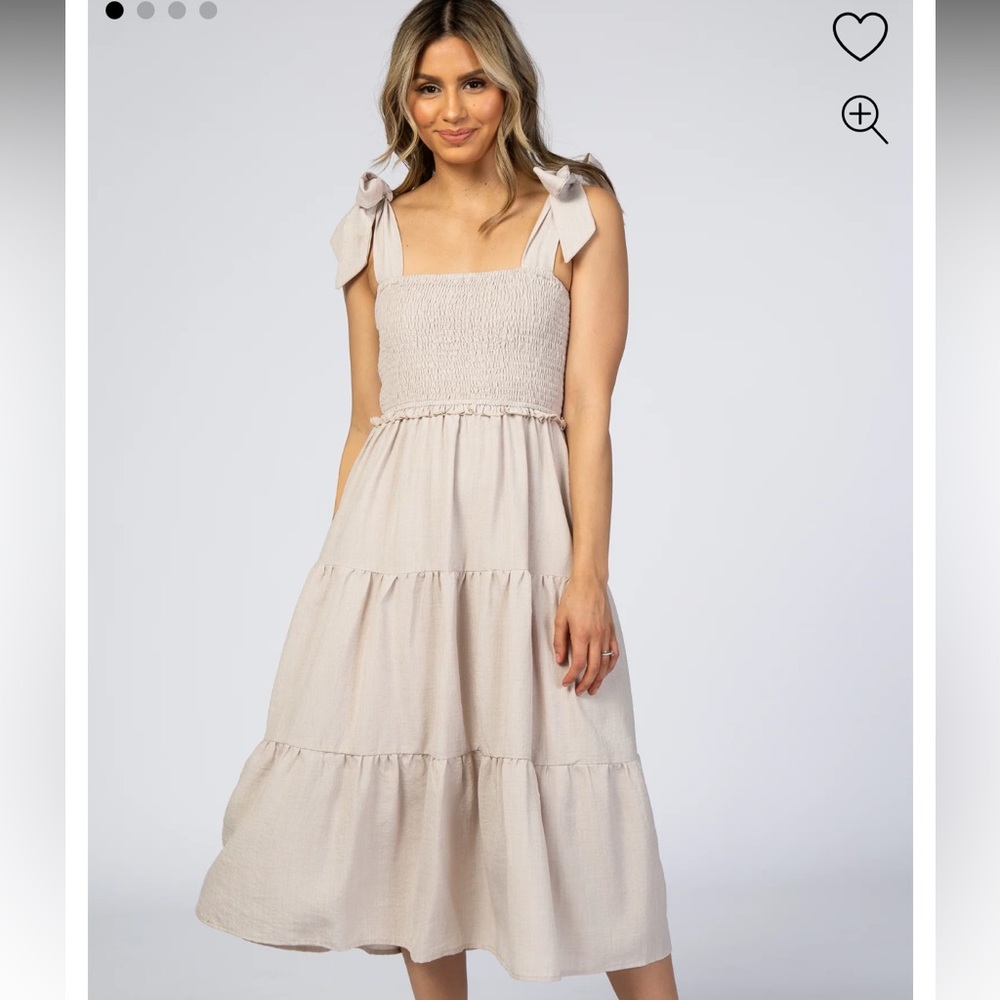 NWT PinkBlush Maternity Dress Beige Bow Strap Tiered Midi Dress (size small)